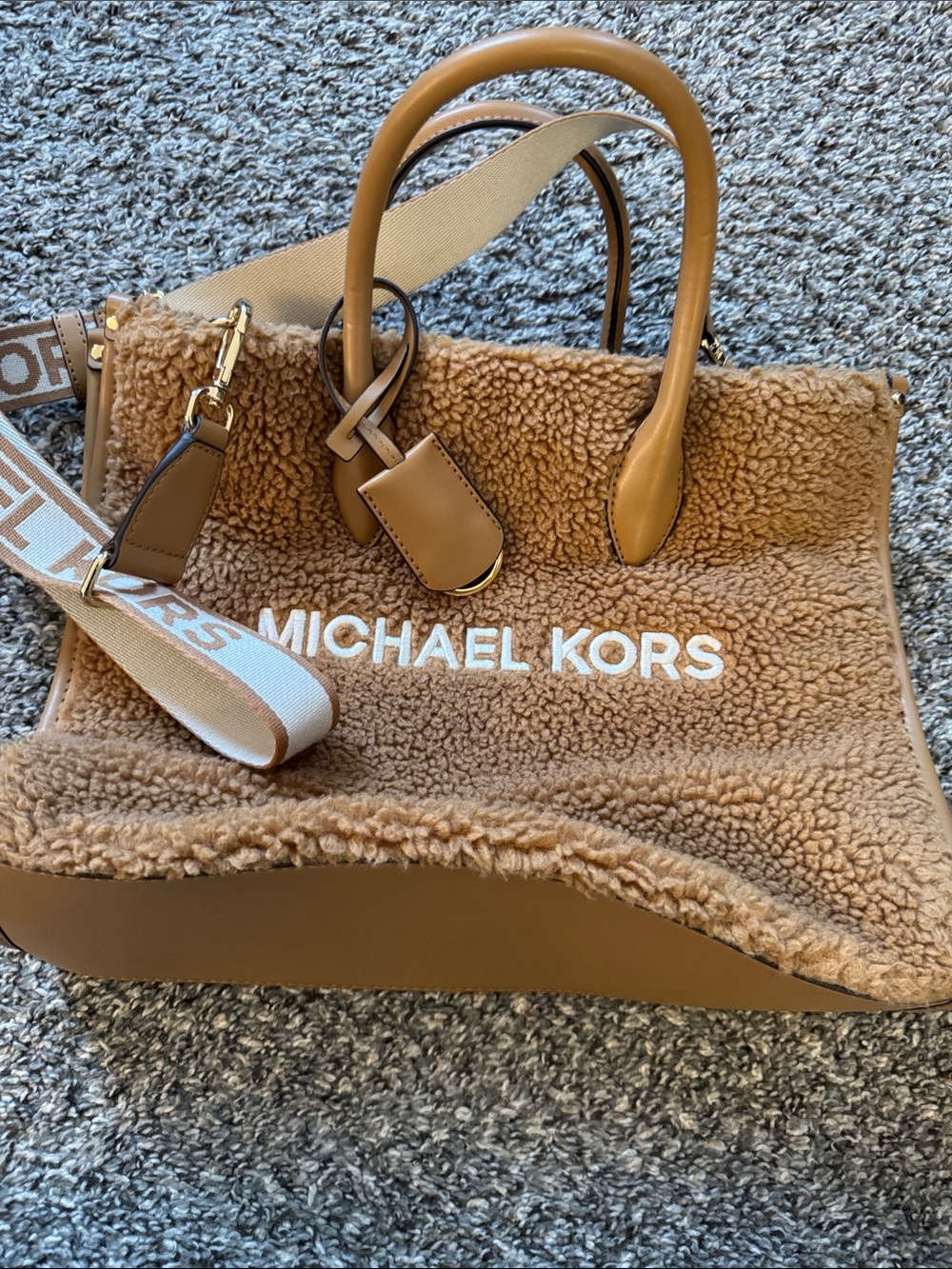 MICHAEL KORS Tan Shearling Tote with Logo Strap